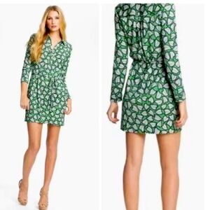 Diane von Furstenberg DVF Leanna Silk Jersey Belted Mini Shirt Dress 2 Leaf